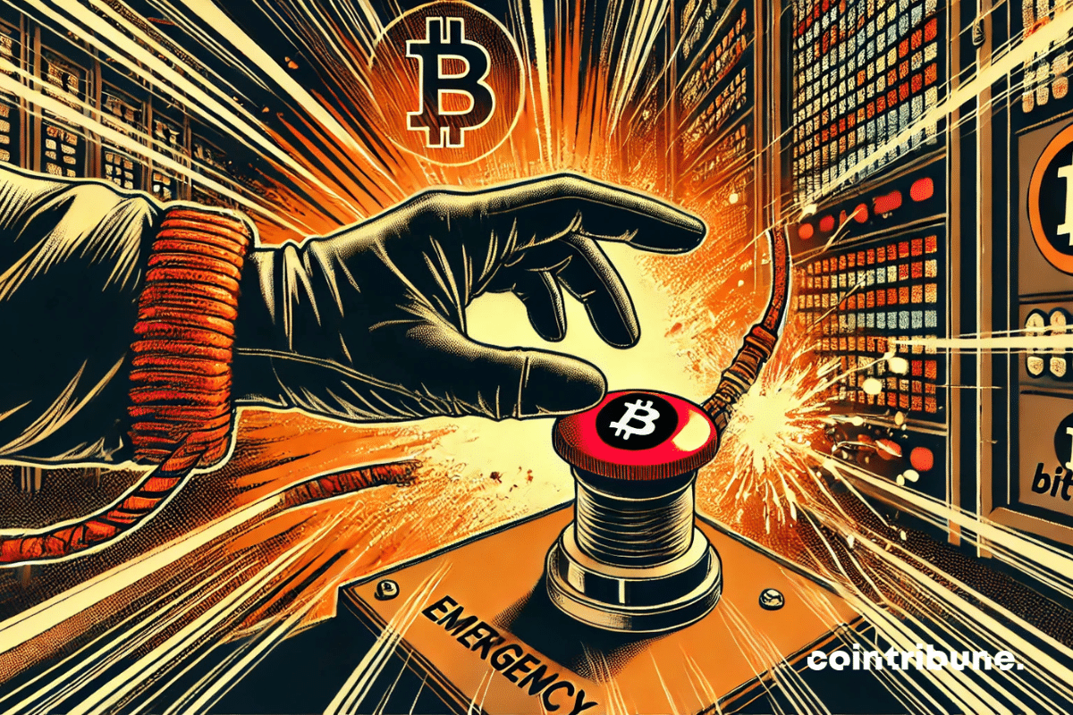 Uma mão anônima pressiona o botão vermelho: o cabo marcado com ₿ (Bitcoin) derrete em um estalo de faíscas.