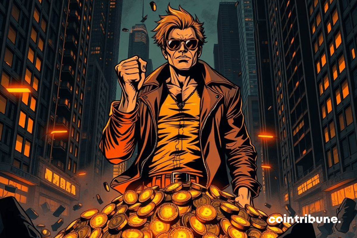 Ilustração de um homem de pé, analisando a trajetória do bitcoin enquanto o dólar se desfaz a seus pés.