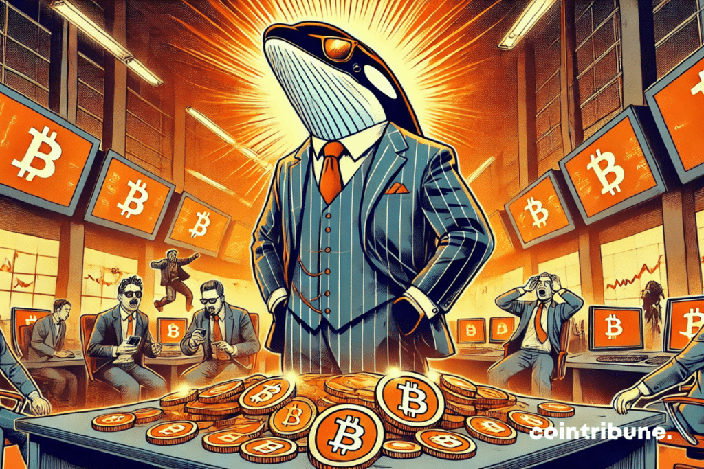 Ilustración de la tensión y el contraste entre el poder tranquilo de la ballena bitcoin y el pánico de los pequeños tenedores.