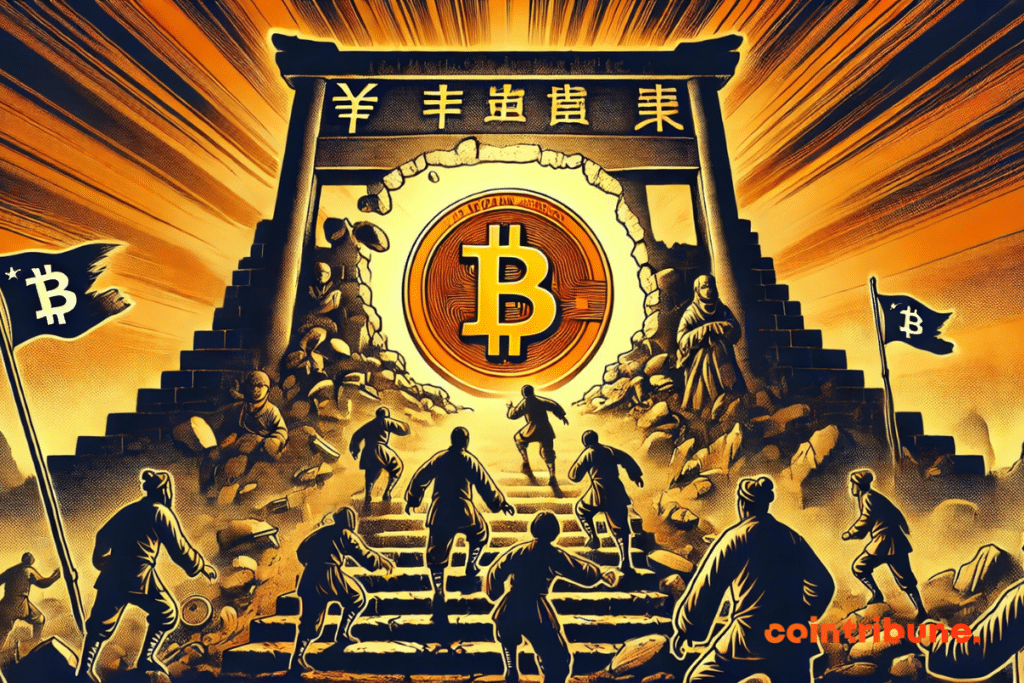 Figuras en silueta suben una escalera en ruinas hacia un enorme símbolo brillante de Bitcoin, detrás de un portal tradicional chino destruido, con banderas de Bitcoin a los lados.