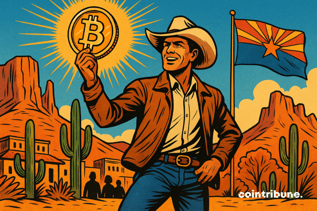 Um cowboy segura orgulhosamente um Bitcoin brilhante em um cenário desértico, com cactos, montanhas vermelhas e a bandeira do Arizona ao fundo.