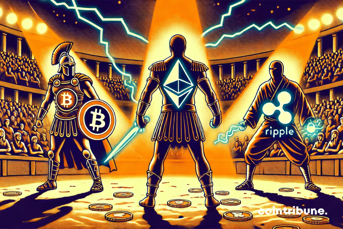 Três avatares icônicos do Bitcoin, Ethereum e Ripple se enfrentam em uma arena.