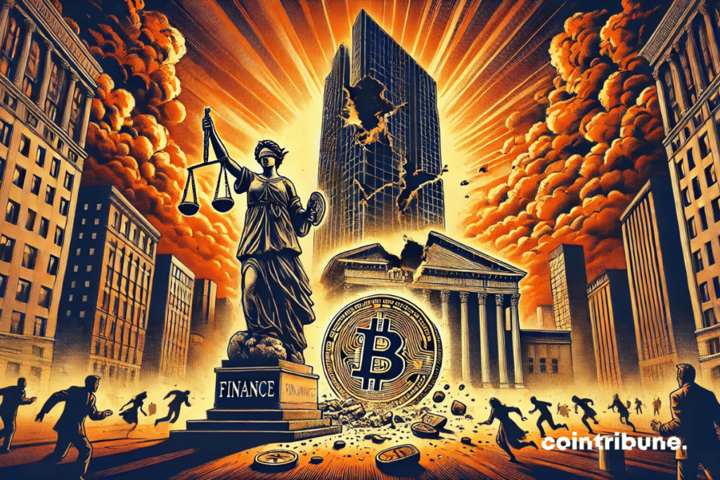 Ilustração dramática mostrando o colapso apocalíptico de um banco central, atingido por um Bitcoin gigante sob um céu em chamas
