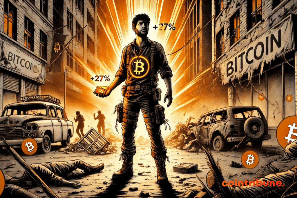 Um sobrevivente solitário está nas ruínas de uma cidade em colapso, brandindo uma carteira de Bitcoin que mostra +27%.