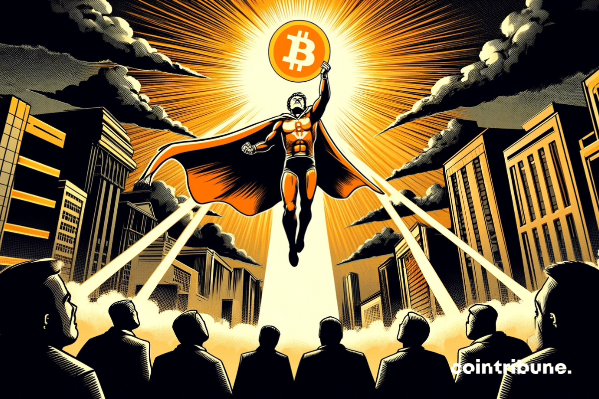 A imagem mostra um herói estilizado representando o Bitcoin subindo em um céu tempestuoso, segurando um símbolo brilhante de ₿ acima dele.