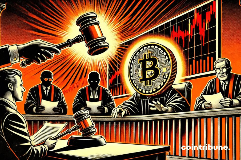 Um bitcoin antropomórfico está sentado na doca, visivelmente abatido.