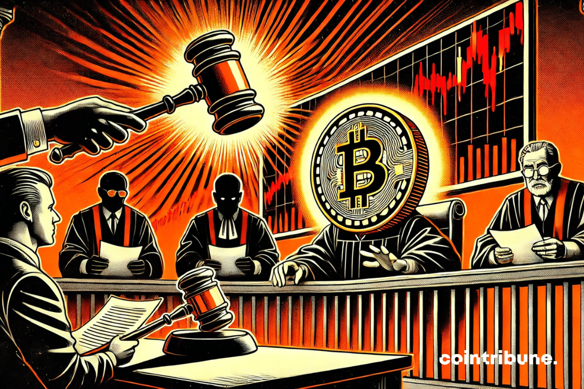 Um bitcoin antropomórfico está sentado na doca, visivelmente abatido.