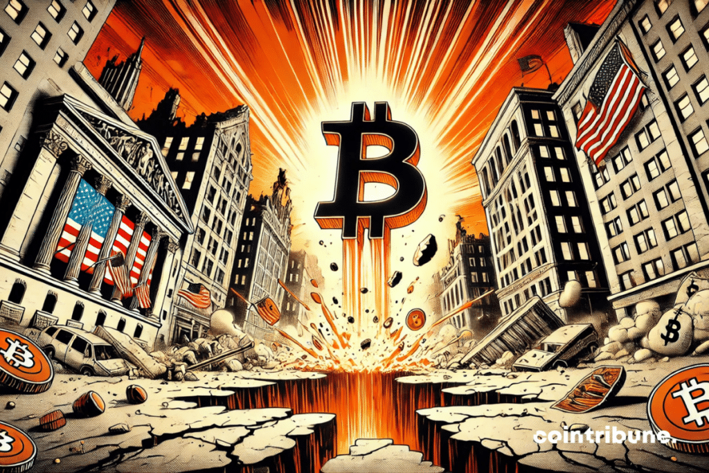 En una escena apocalíptica estilizada al estilo de los cómics de los años 70, un enorme logotipo de Bitcoin emerge del suelo agrietado, irradiando una intensa luz naranja. A su alrededor, se desmoronan edificios financieros en ruinas, símbolos de un mundo económico en crisis. A la izquierda, una bandera estadounidense desgarrada ondea desde un mástil roto; a la derecha, una bandera china hecha jirones se hace eco de ella. A lo lejos, un avión de carga cae en picado en un cielo atormentado. El fuerte contraste entre las sombras oscuras y los destellos de luz acentúa la idea de Bitcoin triunfante en medio del caos mundial.
