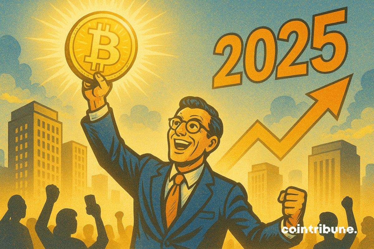 Um empresário sorridente de terno ergue um bitcoin brilhante, com "2025" e uma seta ascendente ao fundo, diante de uma multidão animada.