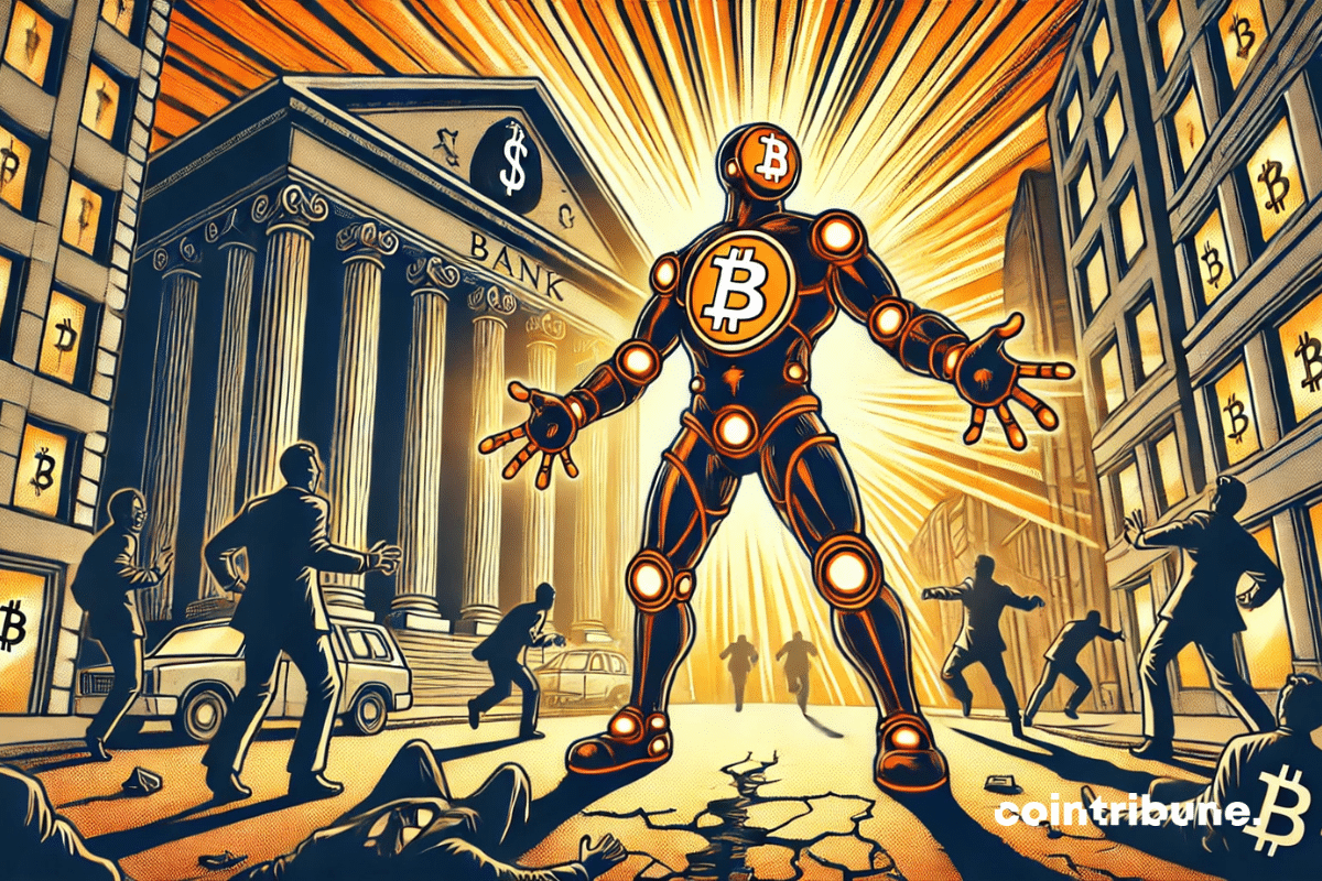 Ilustração de um Bitcoin gigante em frente a um banco rachado