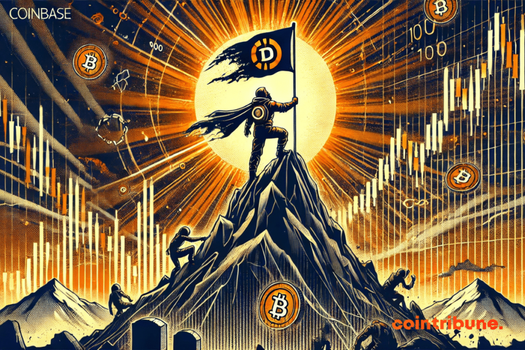 Um herói estilizado representa a Coinbase escalando o topo de gráficos cripto despedaçados, erguendo uma bandeira com o número "100".