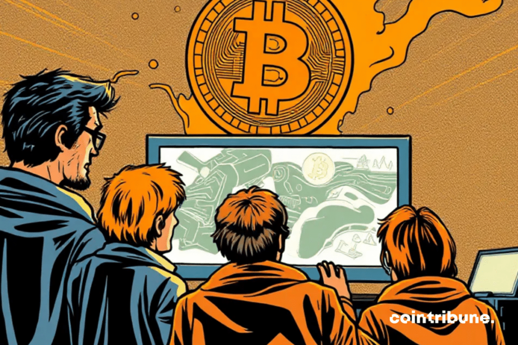 A imagem mostra três figuras em frente a uma tela de computador que exibe um logotipo grande e iluminado do Bitcoin.