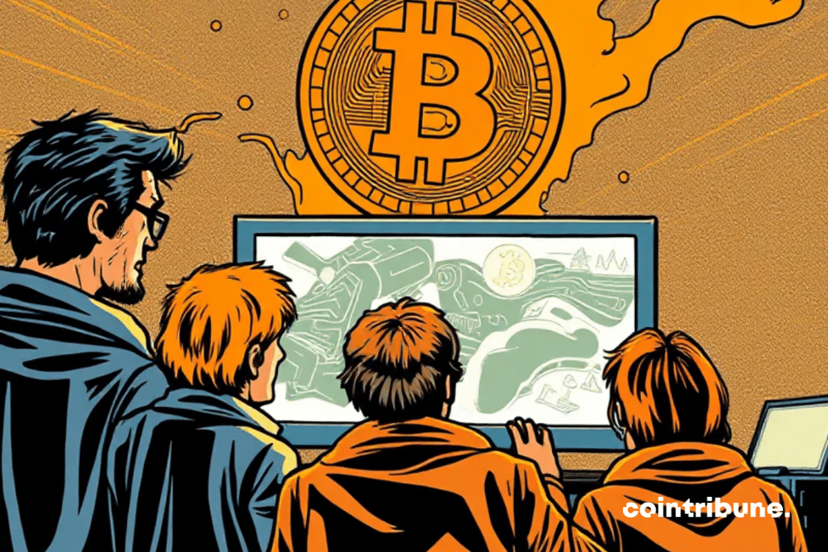 A imagem mostra três figuras em frente a uma tela de computador que exibe um logotipo grande e iluminado do Bitcoin.