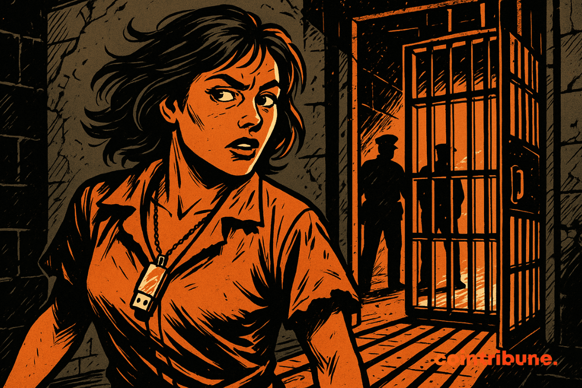 Ilustração de uma mulher vestida de prisão laranja, com um pendrive com criptografia pendurado no pescoço, escapando de uma cela iluminada em laranja sob o olhar de guardas sombrios.