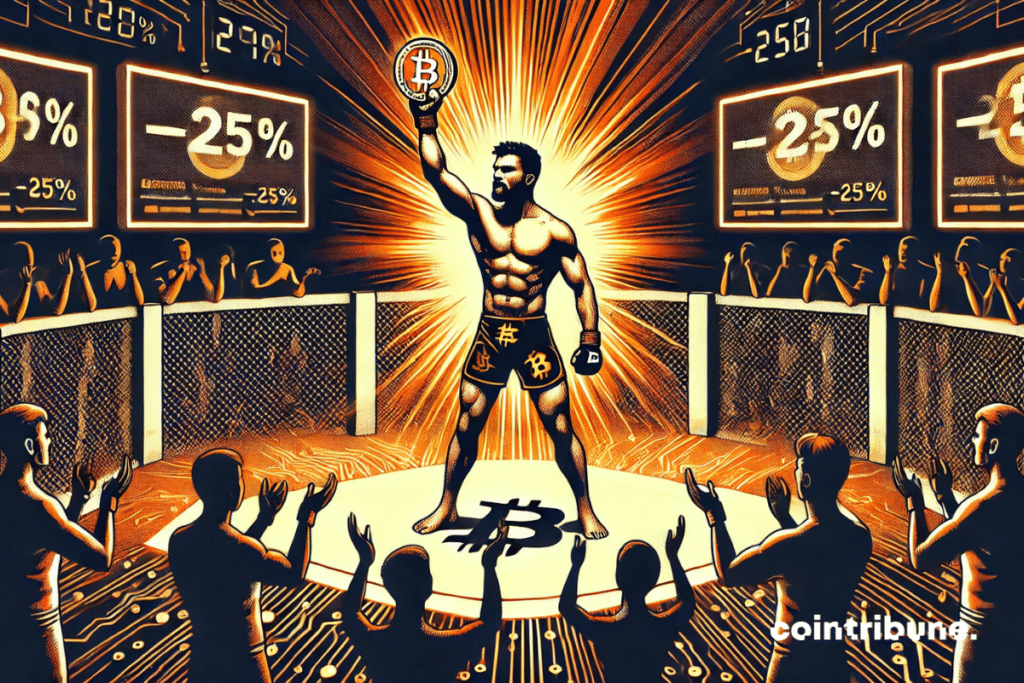 Um lutador musculoso e de peito nu grita vitória do centro de um octógono digital. Ele brandia um token de criptografia laranja brilhante