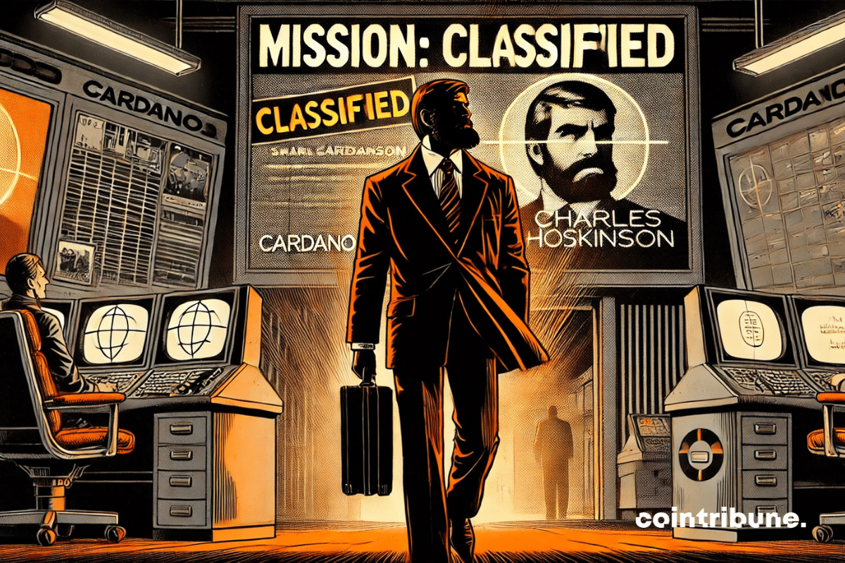 Ilustração de Charles Hoskinson saindo dos escritórios da Cardano