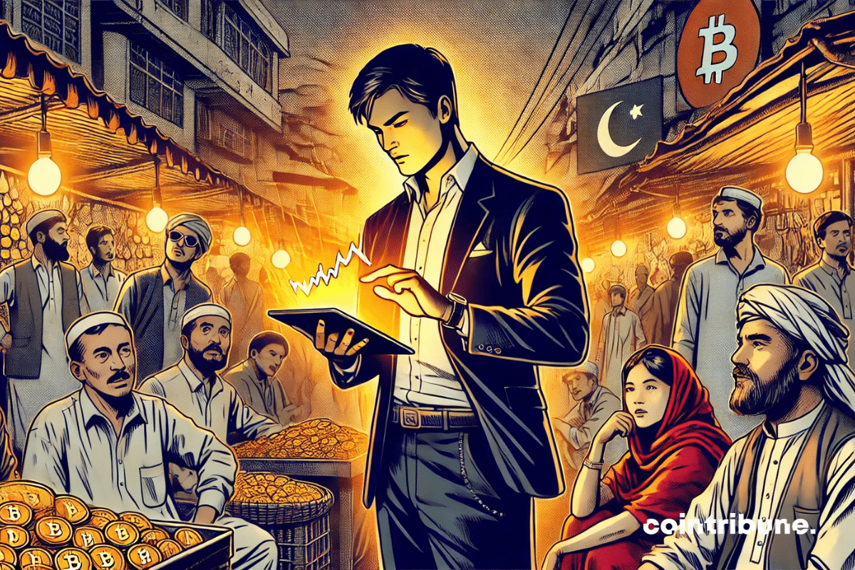 Ilustração de um especialista em criptografia no centro de um movimentado mercado paquistanês.