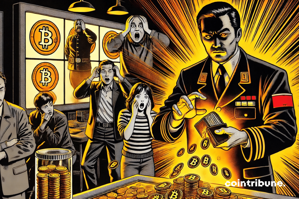 Ilustração mostrando a China vendendo secretamente suas criptomoedas, com comerciantes surpresos com a transação.