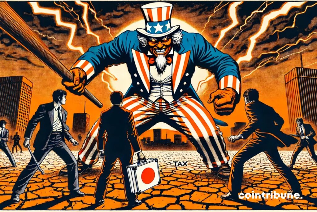 Os representantes do Japão estão enfrentando o Tio Sam, que representa Donald Trump.