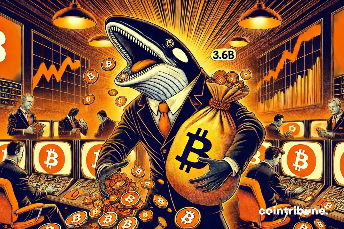Une baleine bitcoin avec un sac de bitcoin dans une bourse crypto