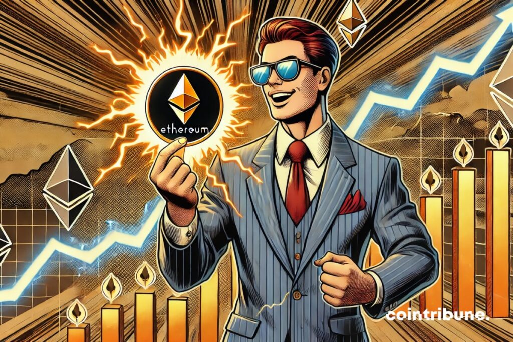Um ethereum superpotente na mão de um investidor de criptografia. Gráficos de volume crescente de DEX logo atrás.