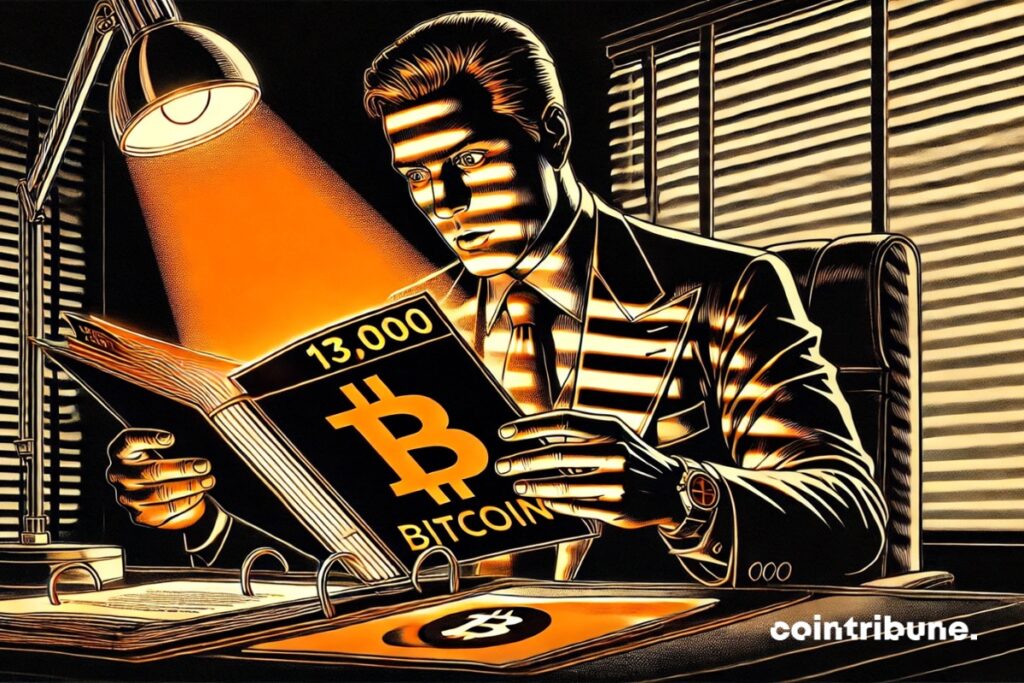 Michael Saylor, representante da Strategy, olhando para o registro que contém 13.000 investidores de bitcoin.