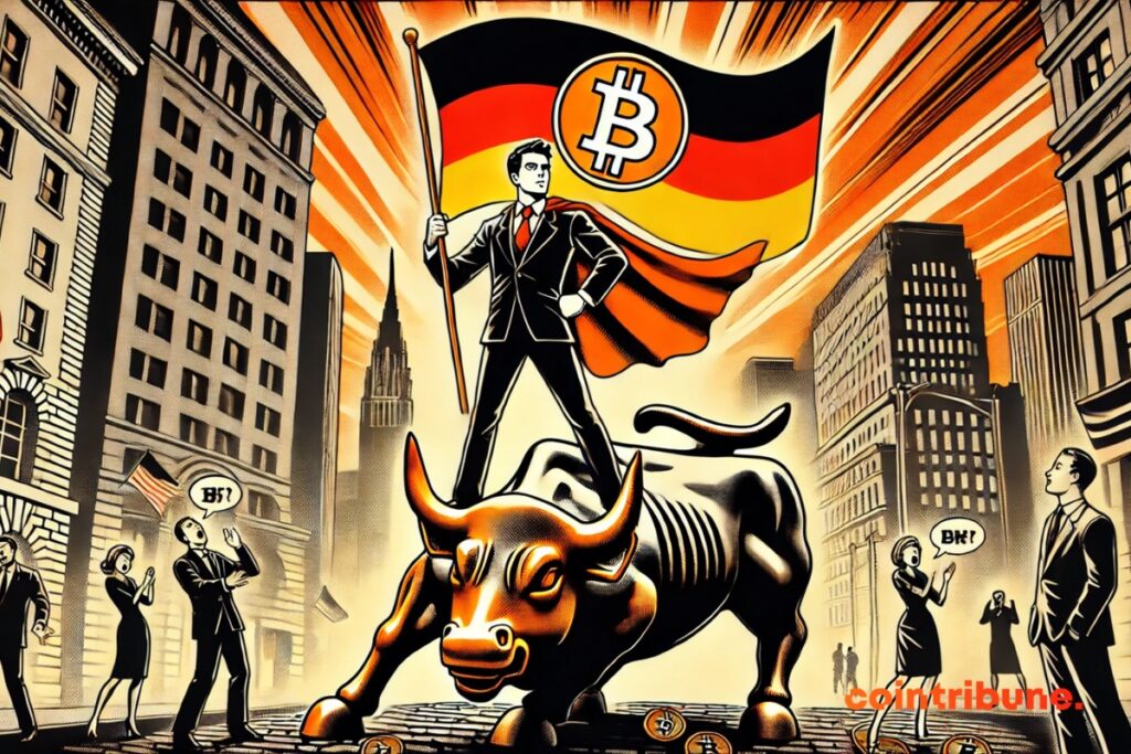 Um representante do Deutsche Bank com a bandeira alemã em Wall Street, nos Estados Unidos cripto.