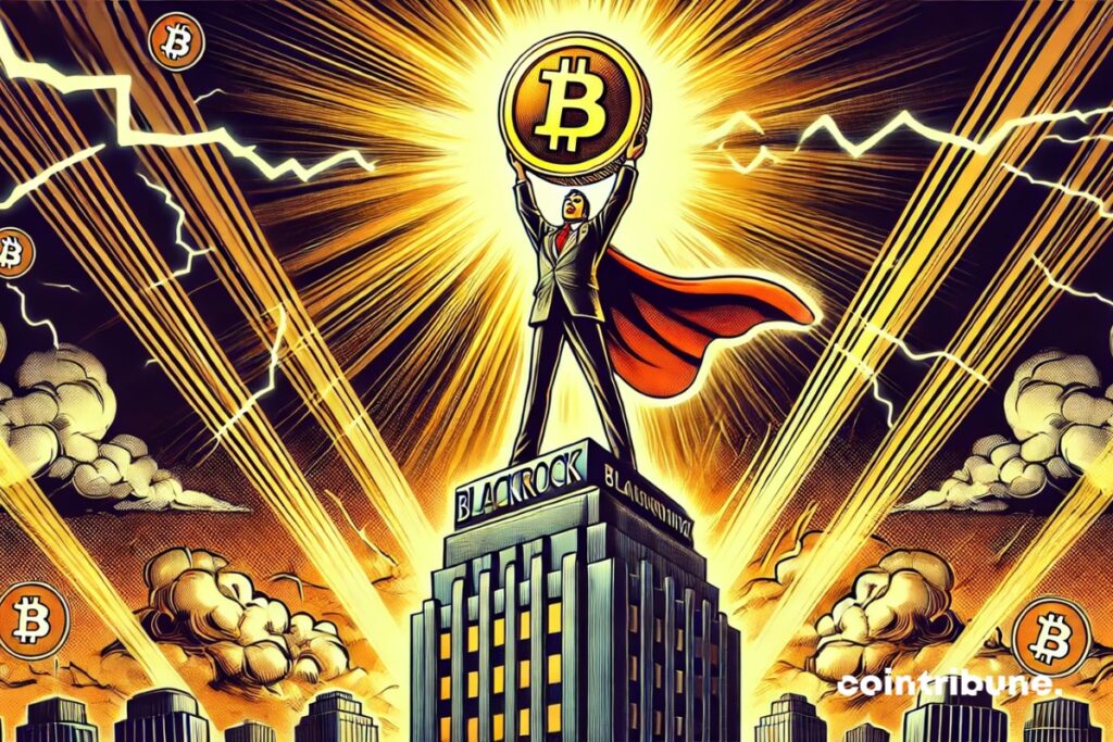 Michael Saylor no topo da torre da BlackRock com um bitcoin brilhante.
