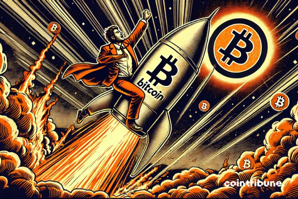 Um investidor em um foguete decolando, representando a grande compra da BlackRock que impulsiona seu ETF de Bitcoin IBIT.