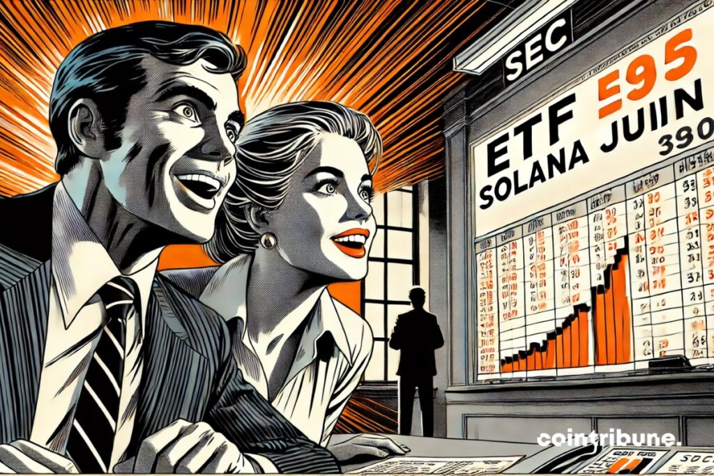 Des investisseurs crypto devant un tableau affichant ETF Solana en juin