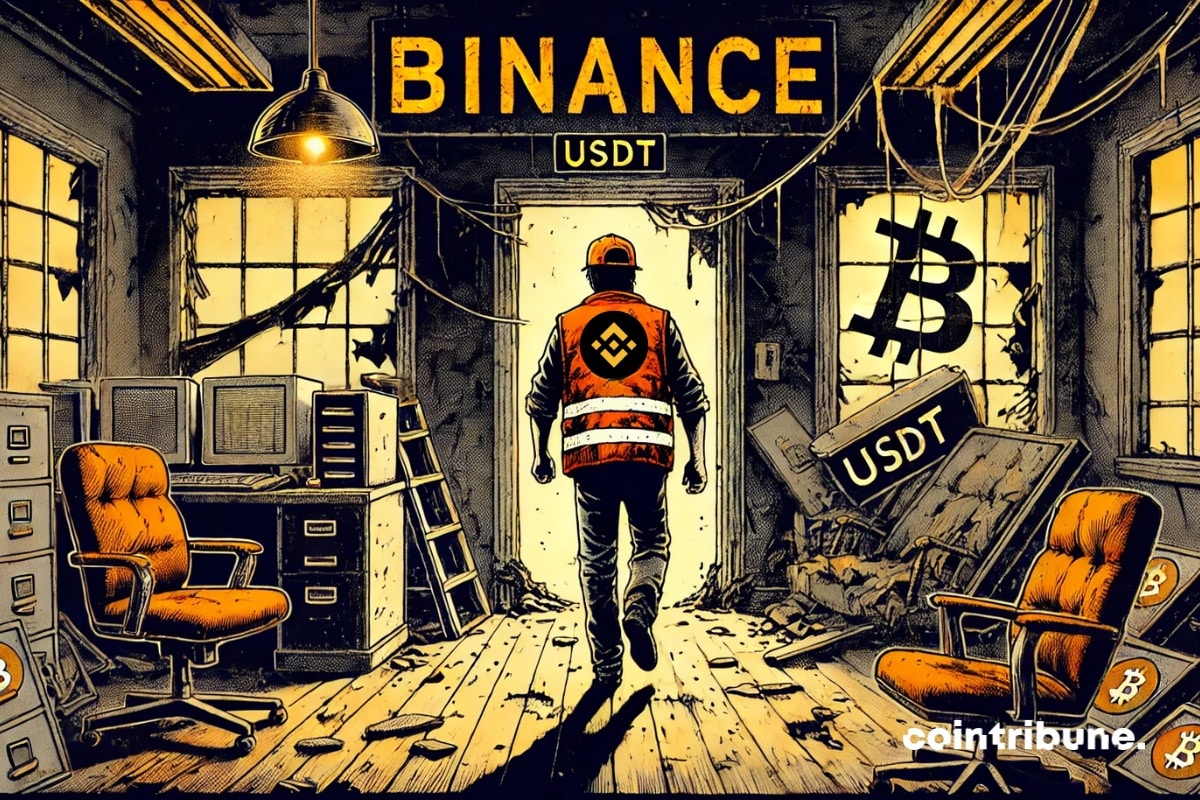 Un employé de Binance qui sort du bureau lugubre de l’USDT, marquant ainsi la fin de ce stablecoin en Europe.