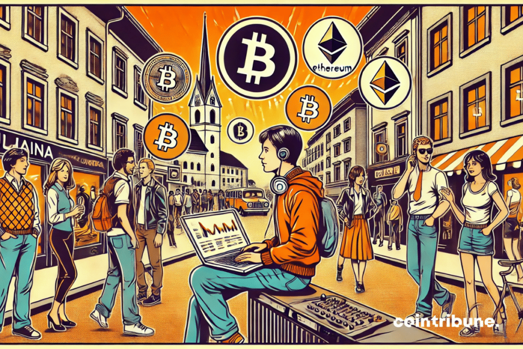 A imagem mostra uma cena dinâmica nas ruas de Liubliana, com um jovem especialista em tecnologia segurando um laptop exibindo gráficos de criptomoedas em rápido crescimento.