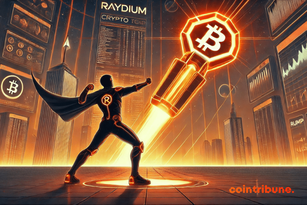 Ilustração da Raydium em uma cena futurista, lançando uma brilhante ferramenta de criptografia.