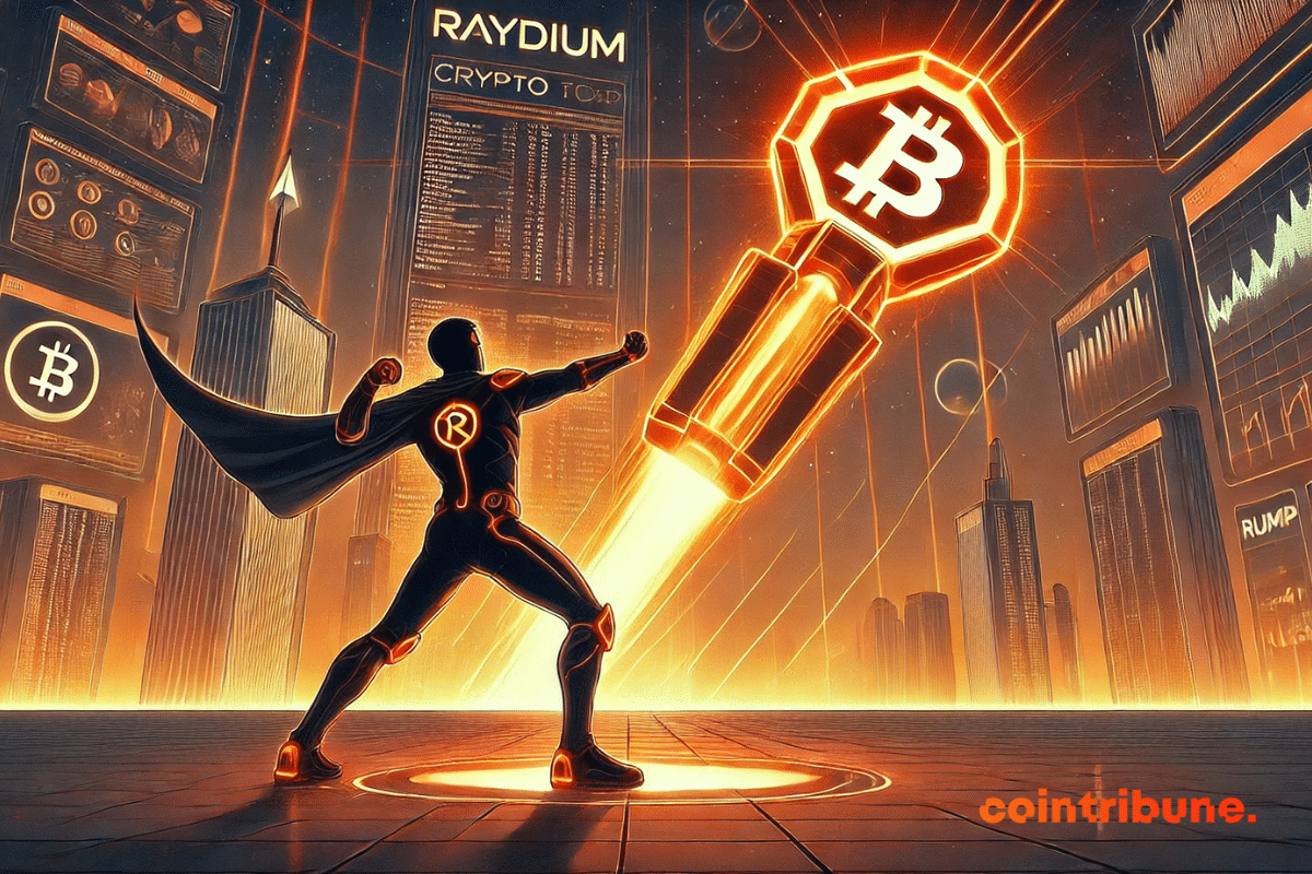 Ilustração da Raydium em uma cena futurista, lançando uma brilhante ferramenta de criptografia.