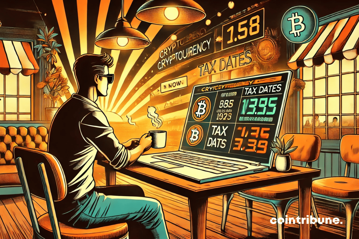 Ilustración de un hombre preguntándose si es hora del café o de la declaración cripto.