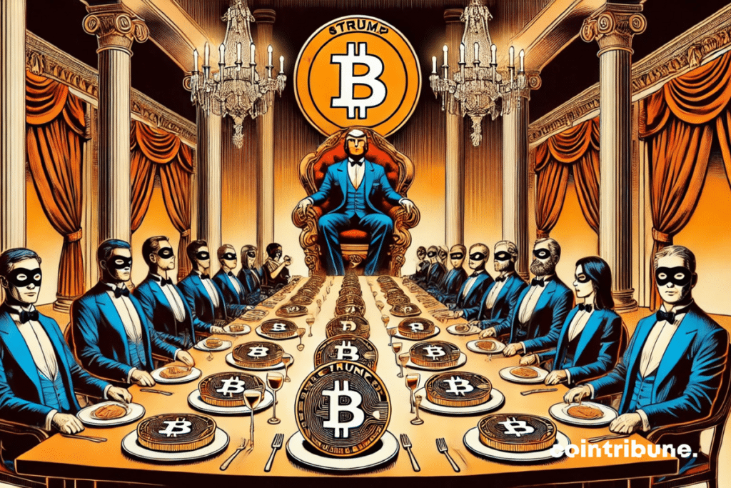 Ilustración de una criptocena con Trump entronizado en el centro