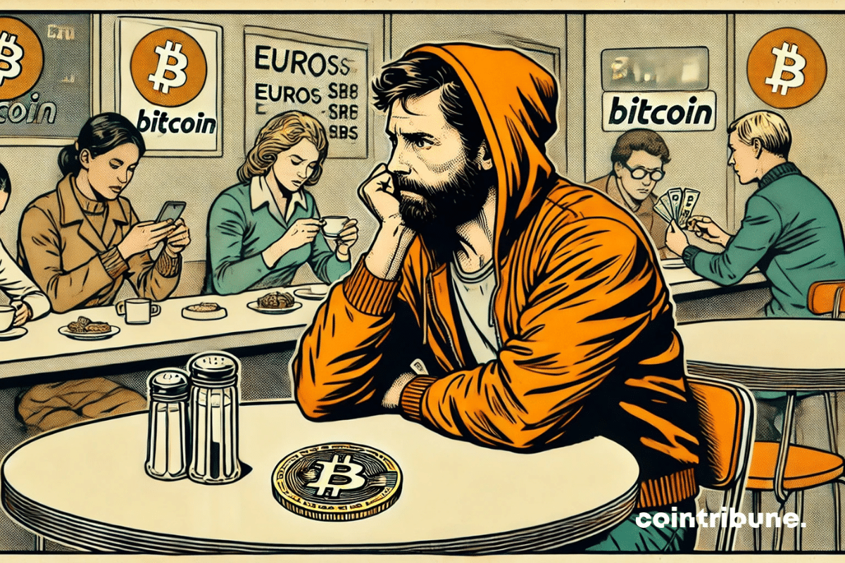 Jack Dorsey, pensativo, em um café com logotipos de bitcoin