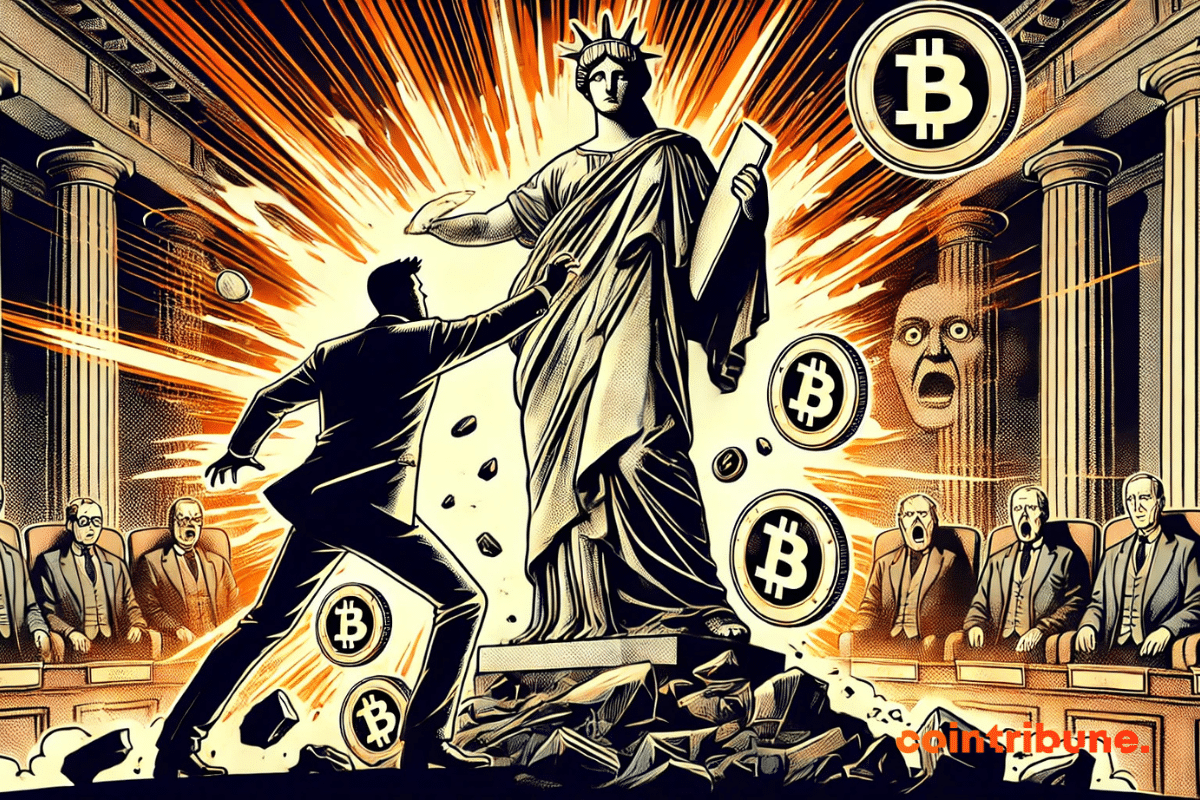 Ilustração do declínio do dólar: uma criptografia quebra o símbolo do poder