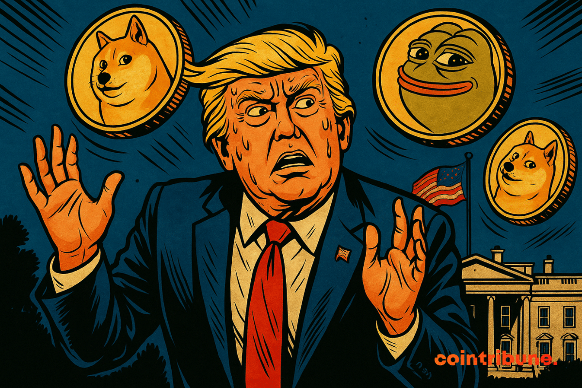 Ilustração de Donald Trump sob pressão, cercado por memecoins icônicas sob um céu noturno tenso.