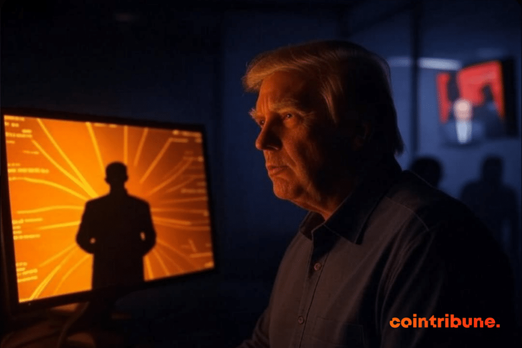 Ilustración de Donald Trump mirando la pantalla de una computadora