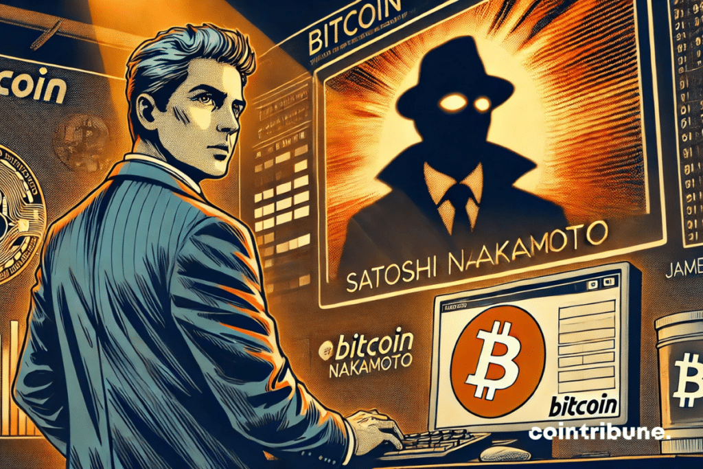 Ilustração de James Murphy investigando Satoshi Nakamoto