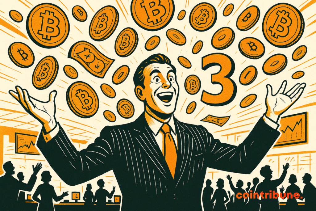 Um empresário sorridente de terno comemora enquanto moedas de bitcoin e um grande número 3 flutuam ao seu redor.