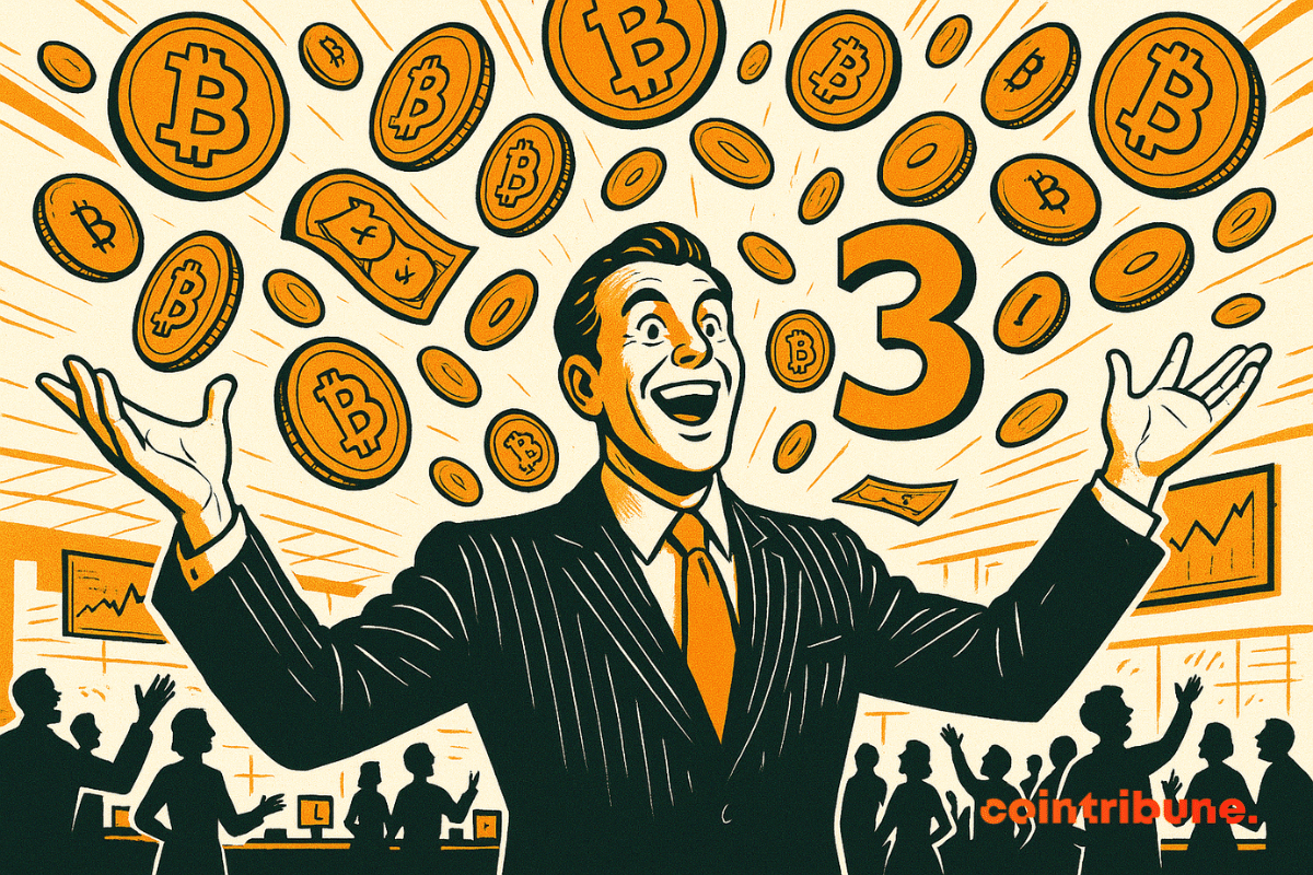 Um empresário sorridente de terno comemora enquanto moedas de bitcoin e um grande número 3 flutuam ao seu redor.
