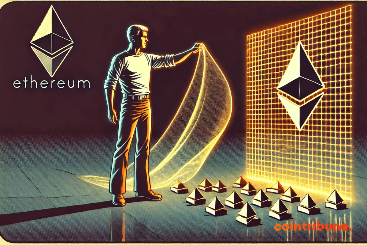 Illustration de Vitalik Buterin présentant une voile devant des blocs Ethereum