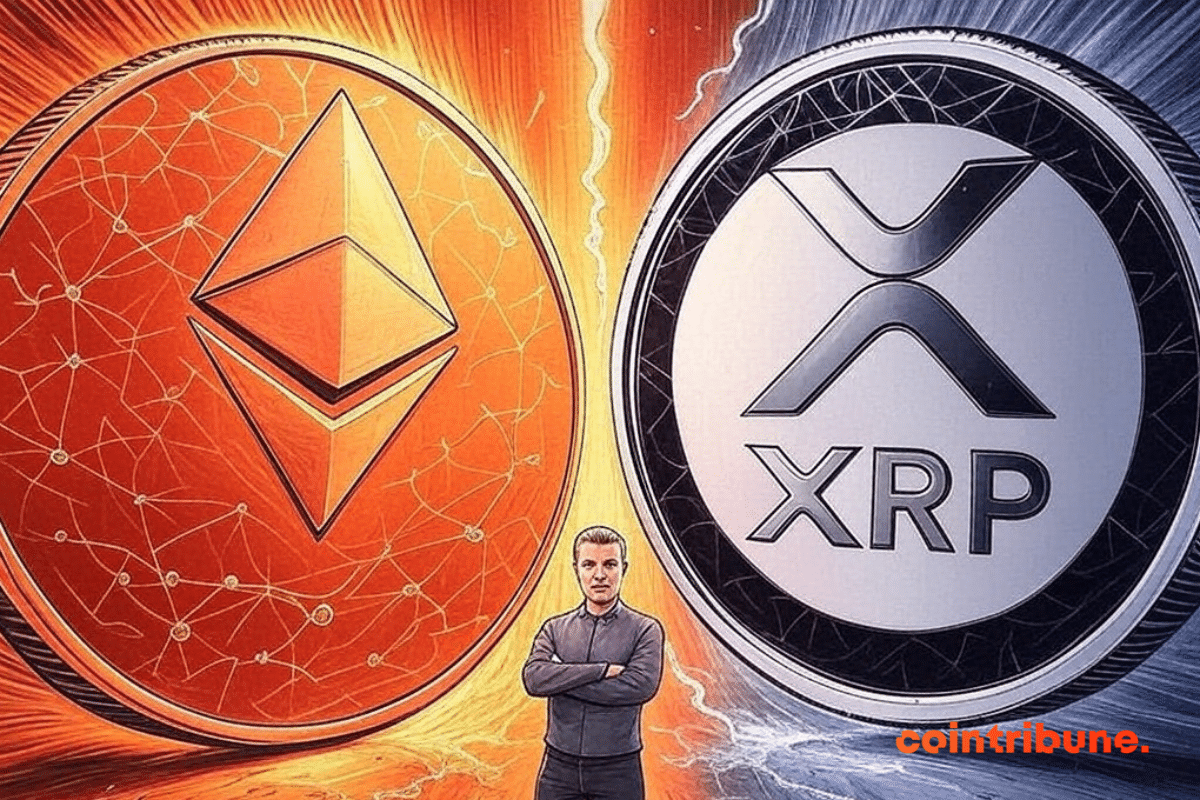 Ilustração de Anatoly Yakovenko entre duas moedas gigantes de XRP e Ethereum