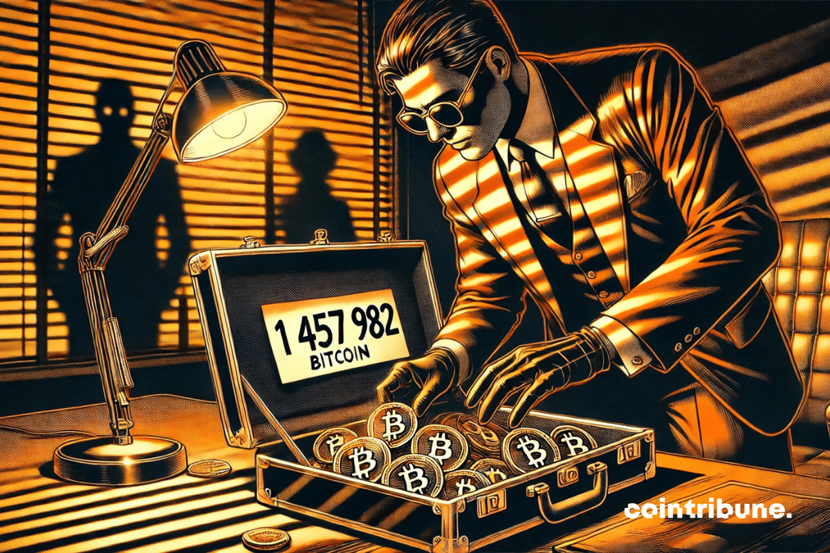 Em um escritório governamental obscuro, um agente americano de olhar aguçado examina uma maleta abarrotada de bitcoins. Sob a luz alaranjada de um abajur de mesa, o número 1.457.982 ₿ chama a atenção. Atrás dele, duas silhuetas perturbadoras aparecem no escuro, enquanto uma mão enluvada surge discretamente para fechar a maleta. A imagem dramática e tensa captura um momento de decisão estratégica no estilo de história em quadrinhos dos anos 1970.