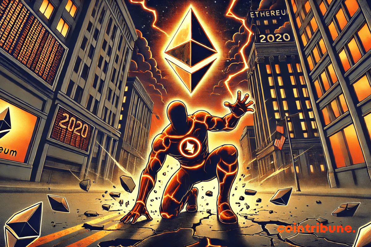 Um super-herói que personifica a criptografia Ethereum, em um terno laranja desgastado, ajoelha-se no coração de um distrito financeiro deserto e caótico.