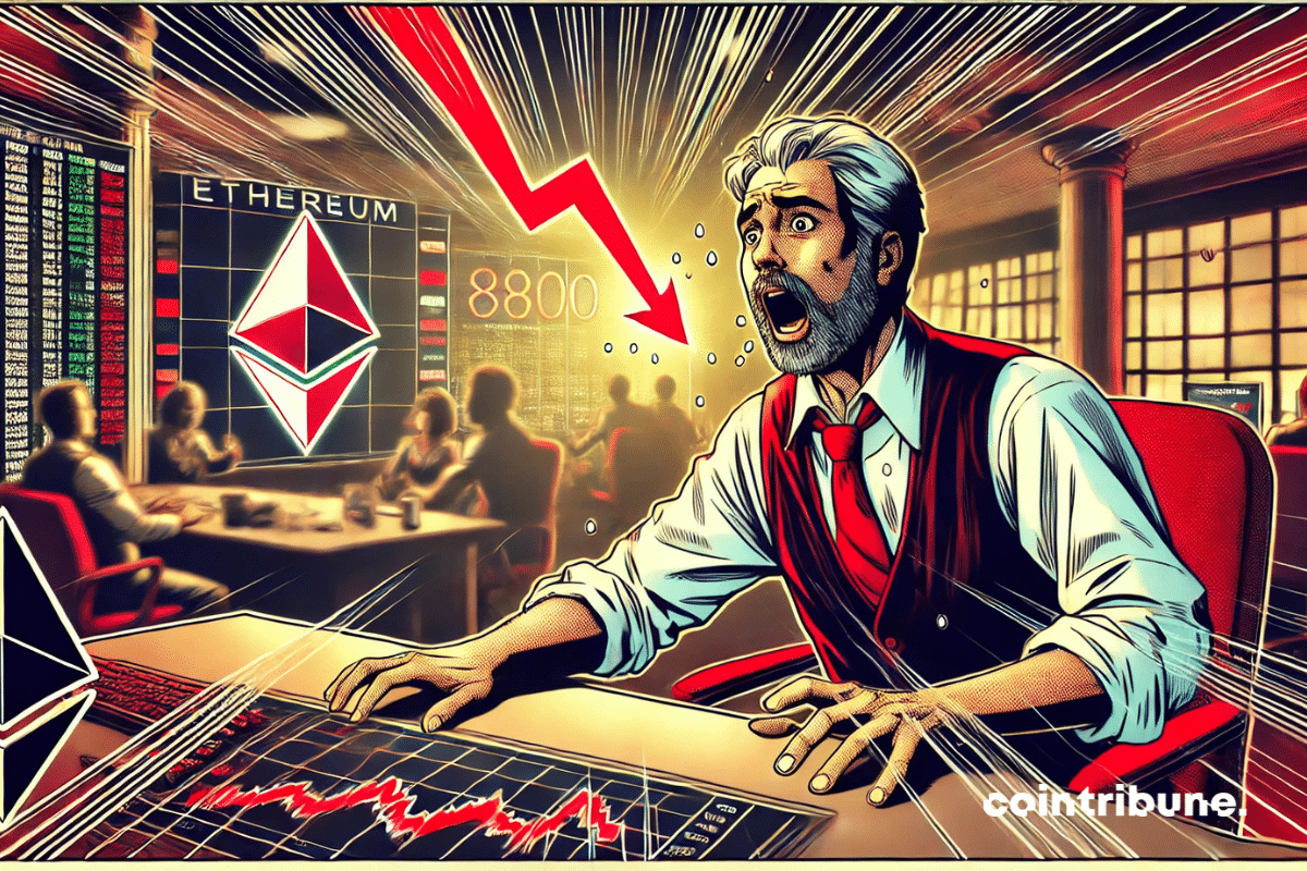 Ilustração de um trader em pânico olhando para uma tela iluminada com o logo do Ethereum desabando.