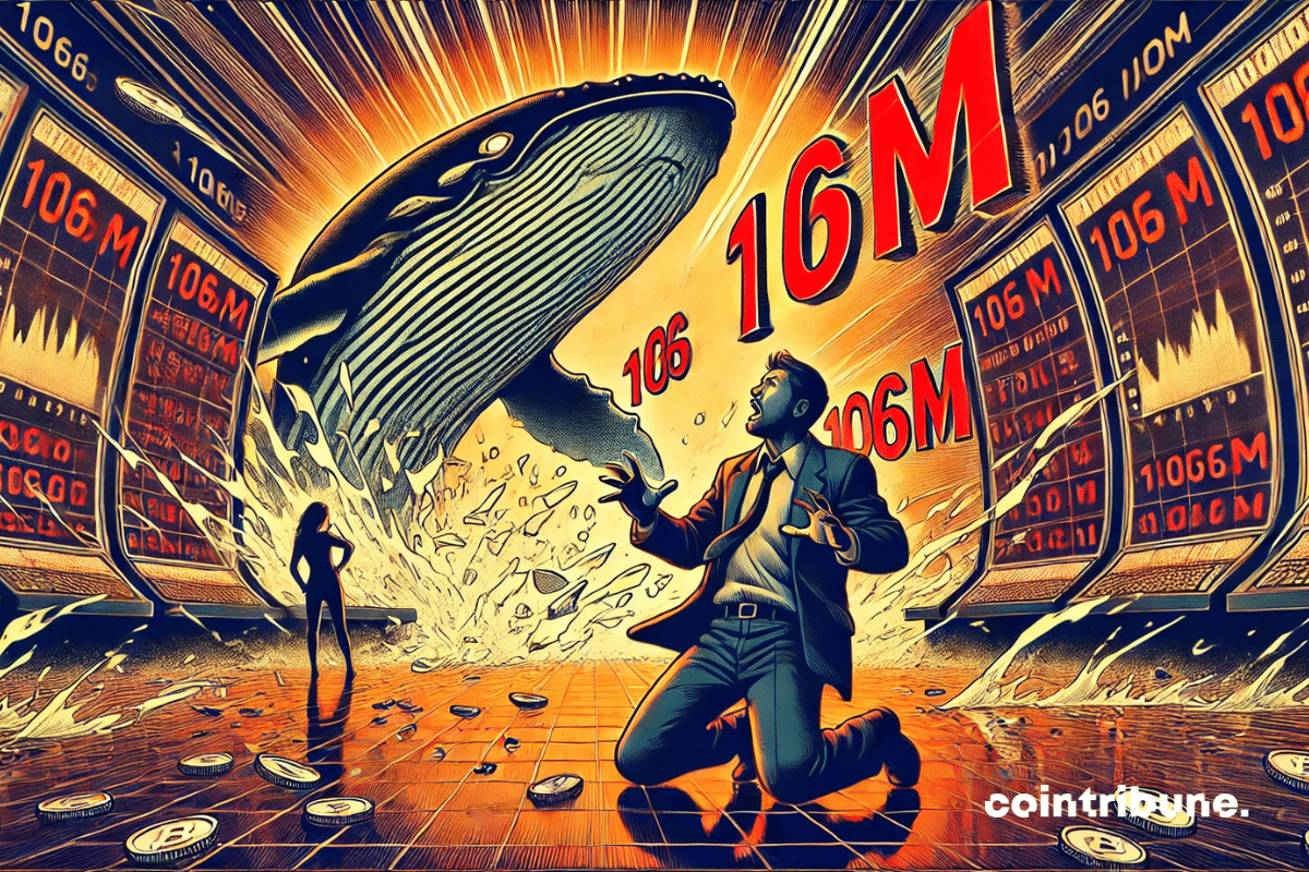 Ilustração de um trader em pânico ajoelhado em frente a uma tela quebrada que exibe “106M”.