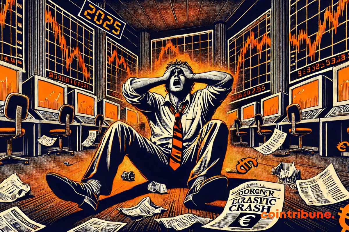 Um trader americano em dificuldades senta-se no chão de uma sala de negociação, cercado por papéis espalhados e um jornal amassado onde se lê “2025”.